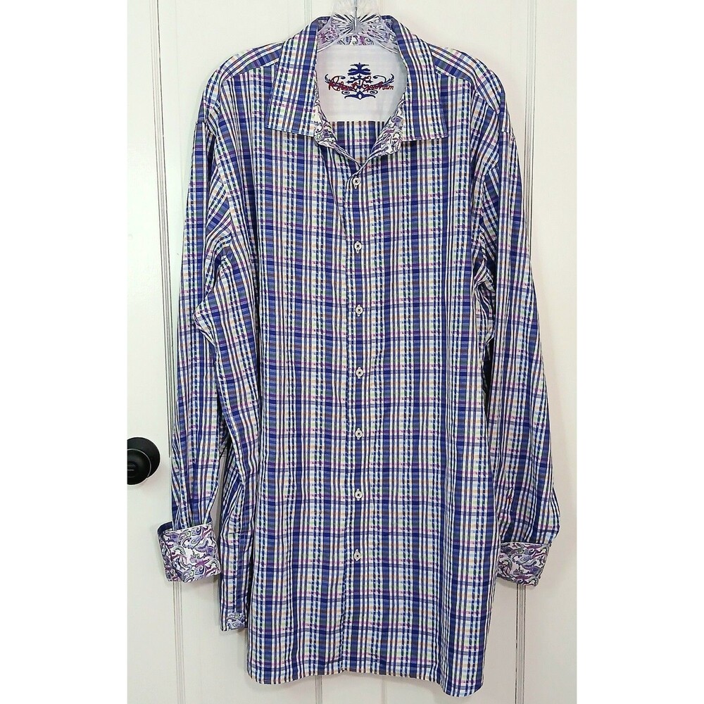Robert Graham Men's 2XLT Long Sleeve Button Down Shirt Multi-Plaid Paisley Cuffs